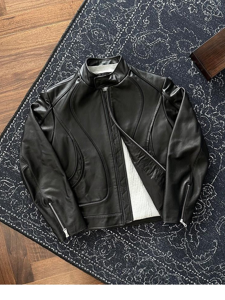 CATSSTAC First Layer Cowhide Loose Fit Stand Collar Zipper Unisex Black Leather Jackets