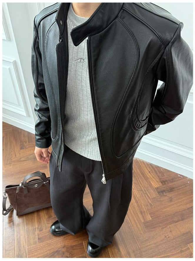 CATSSTAC First Layer Cowhide Loose Fit Stand Collar Zipper Unisex Black Leather Jackets