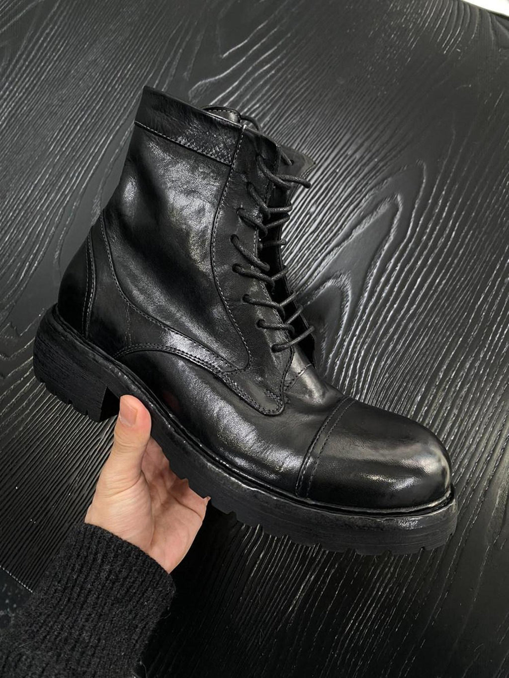 CATSSTAC Hidden Lift Stitch Casual Zipper Youth Black Pony Leather High-Top Leather Boots