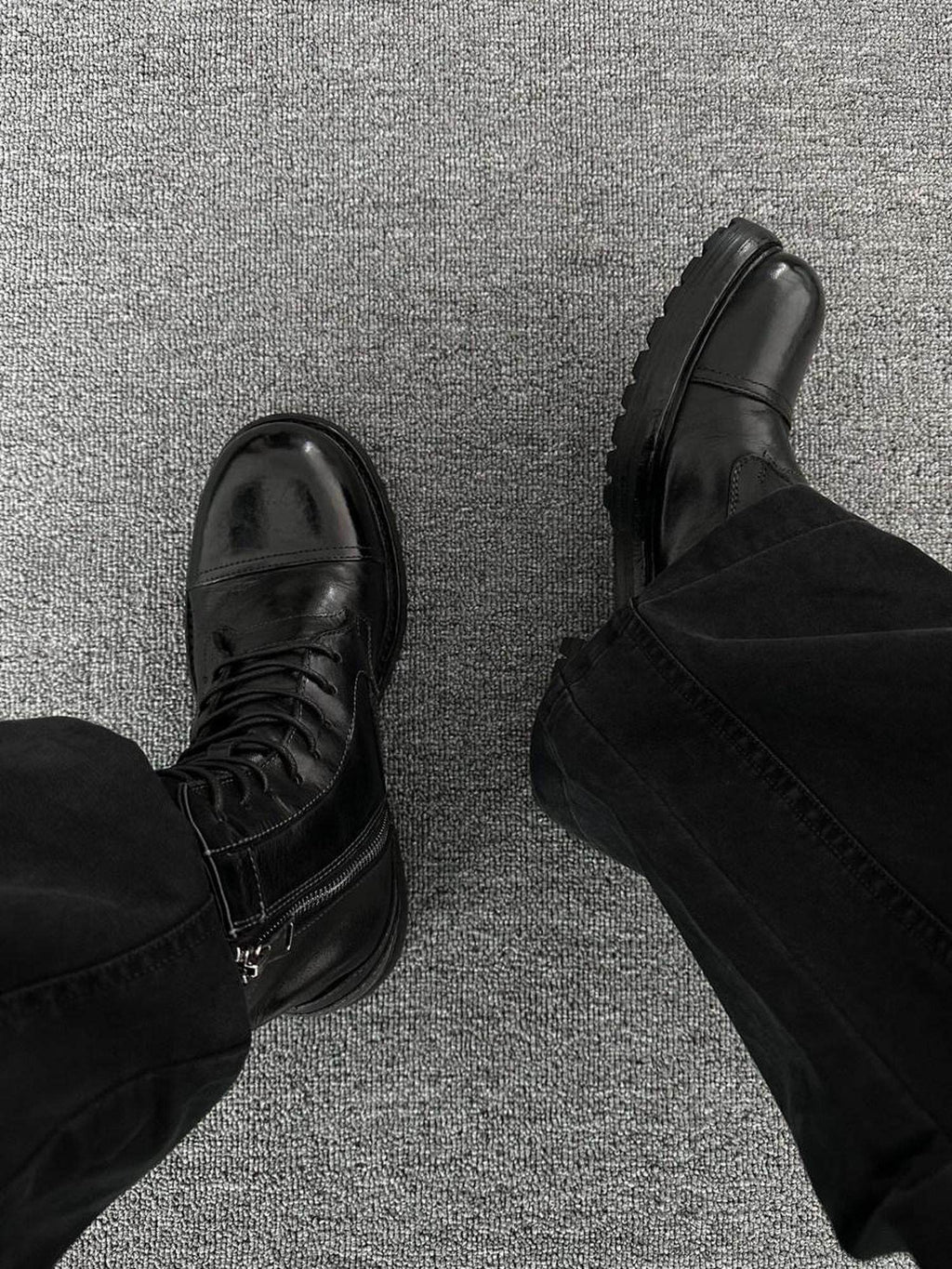 CATSSTAC Hidden Lift Stitch Casual Zipper Youth Black Pony Leather High-Top Leather Boots