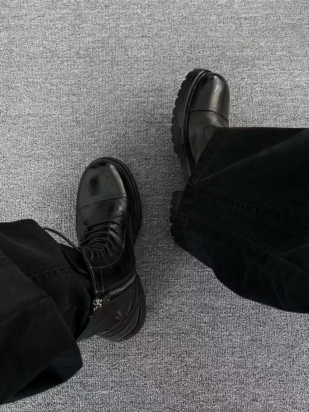 CATSSTAC Hidden Lift Stitch Casual Zipper Youth Black Pony Leather High-Top Leather Boots