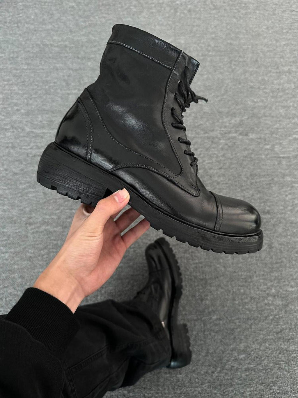 CATSSTAC Hidden Lift Stitch Casual Zipper Youth Black Pony Leather High-Top Leather Boots