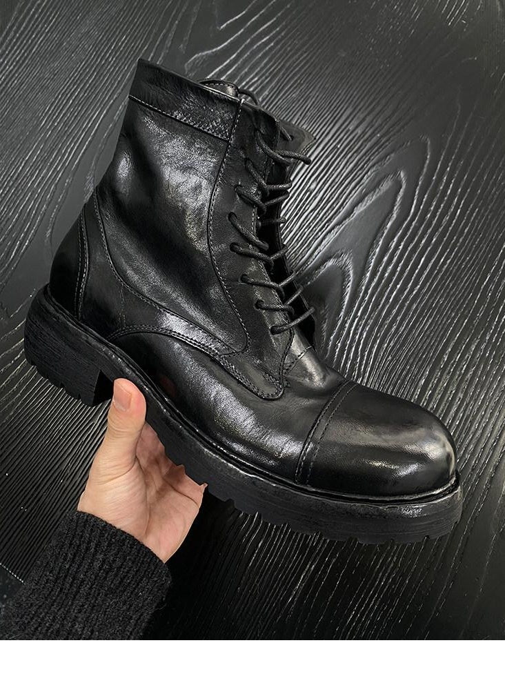 CATSSTAC Hidden Lift Stitch Casual Zipper Youth Black Pony Leather High-Top Leather Boots