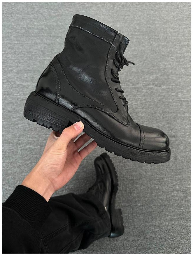 CATSSTAC Hidden Lift Stitch Casual Zipper Youth Black Pony Leather High-Top Leather Boots