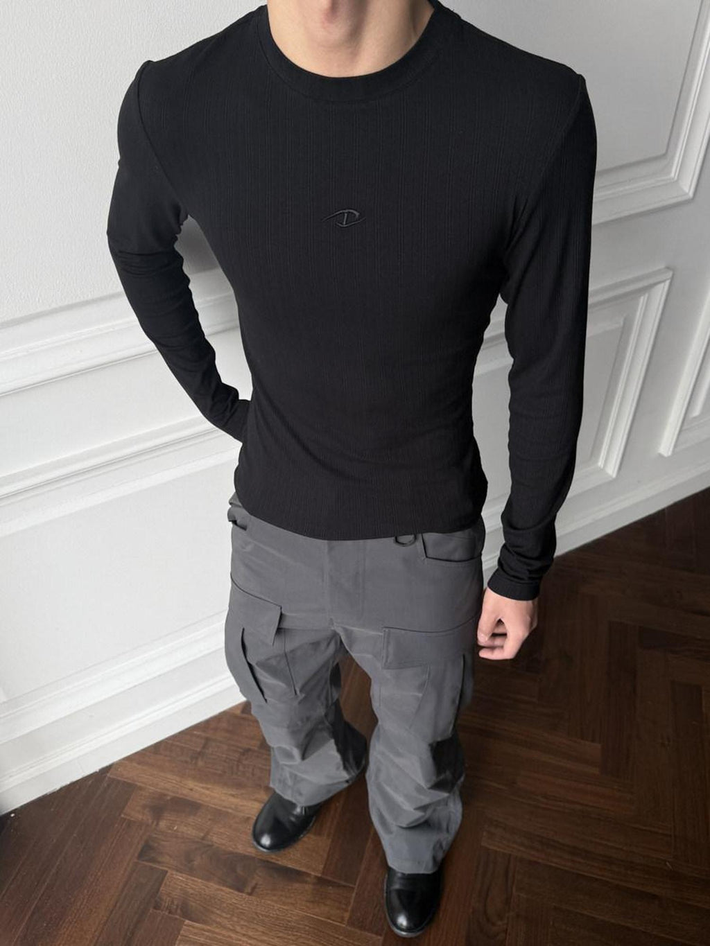 CATSSTAC High Stretch Shaping Cotton Blend Round Neck Men Solid Long Sleeve T-Shirts