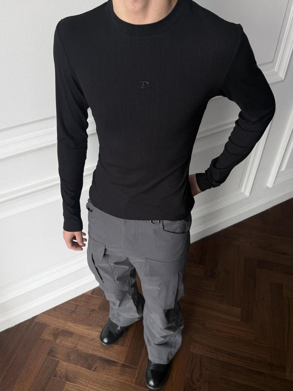 CATSSTAC High Stretch Shaping Cotton Blend Round Neck Men Solid Long Sleeve T-Shirts