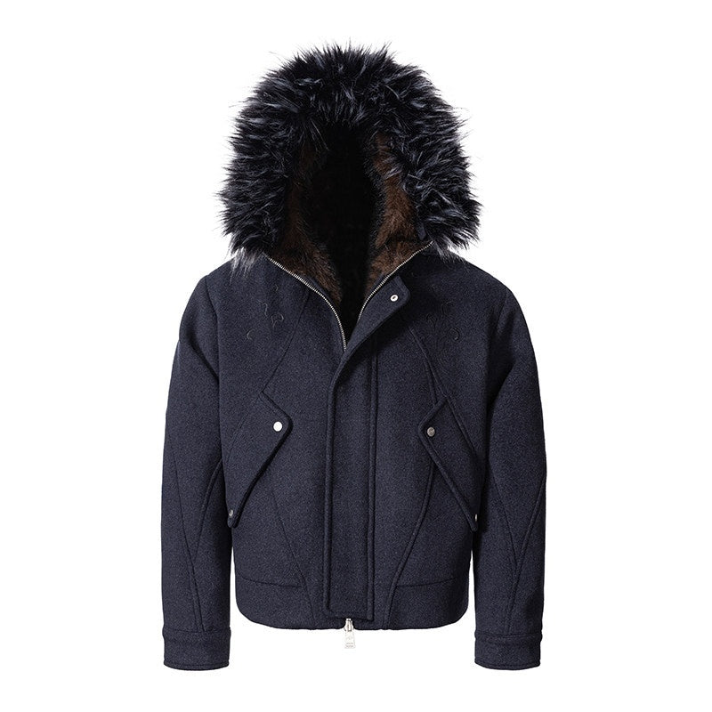 CATSSTAC Hooded Embossed Loose Fit Unisex Casual Black Zip Front Thick Jackets