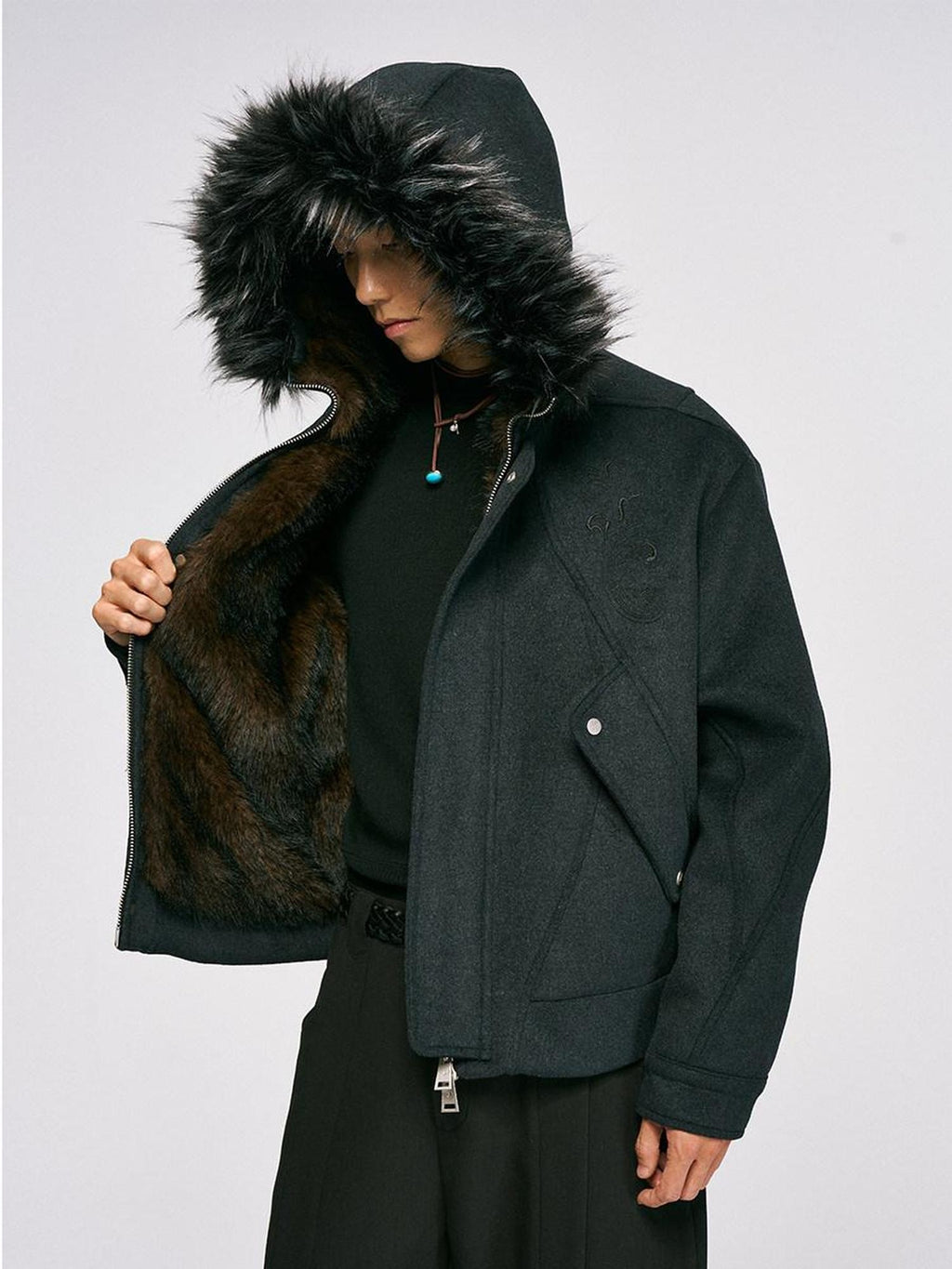 CATSSTAC Hooded Embossed Loose Fit Unisex Casual Black Zip Front Thick Jackets