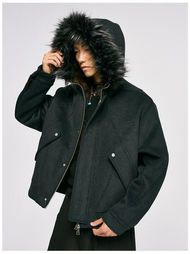 CATSSTAC Hooded Embossed Loose Fit Unisex Casual Black Zip Front Thick Jackets