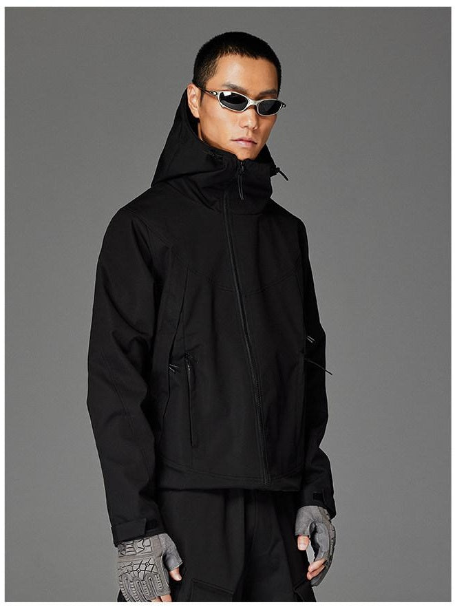 CATSSTAC Hooded Windproof Loose Fit Casual Unisex Black Gray Zip Shell Jackets