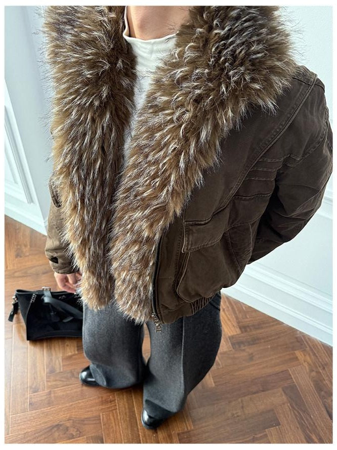 CATSSTAC Insulated Cozy Faux Fur Lapel Oversized Casual Unisex Puffer Zip Down Jackets