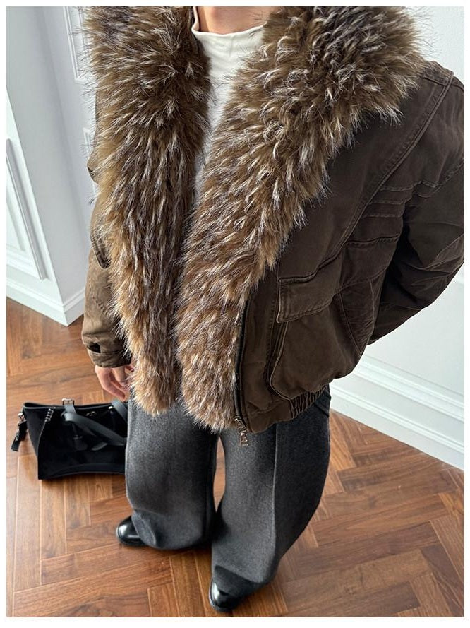 CATSSTAC Insulated Cozy Faux Fur Lapel Oversized Casual Unisex Puffer Zip Down Jackets