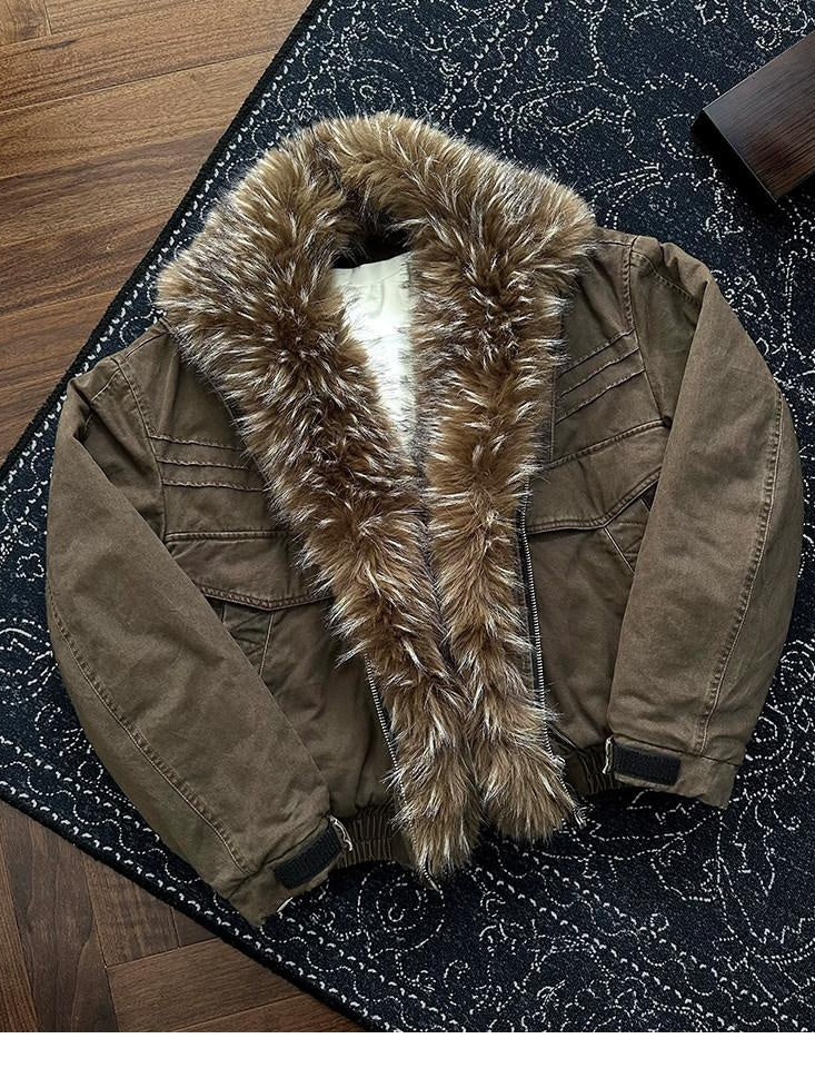 CATSSTAC Insulated Cozy Faux Fur Lapel Oversized Casual Unisex Puffer Zip Down Jackets