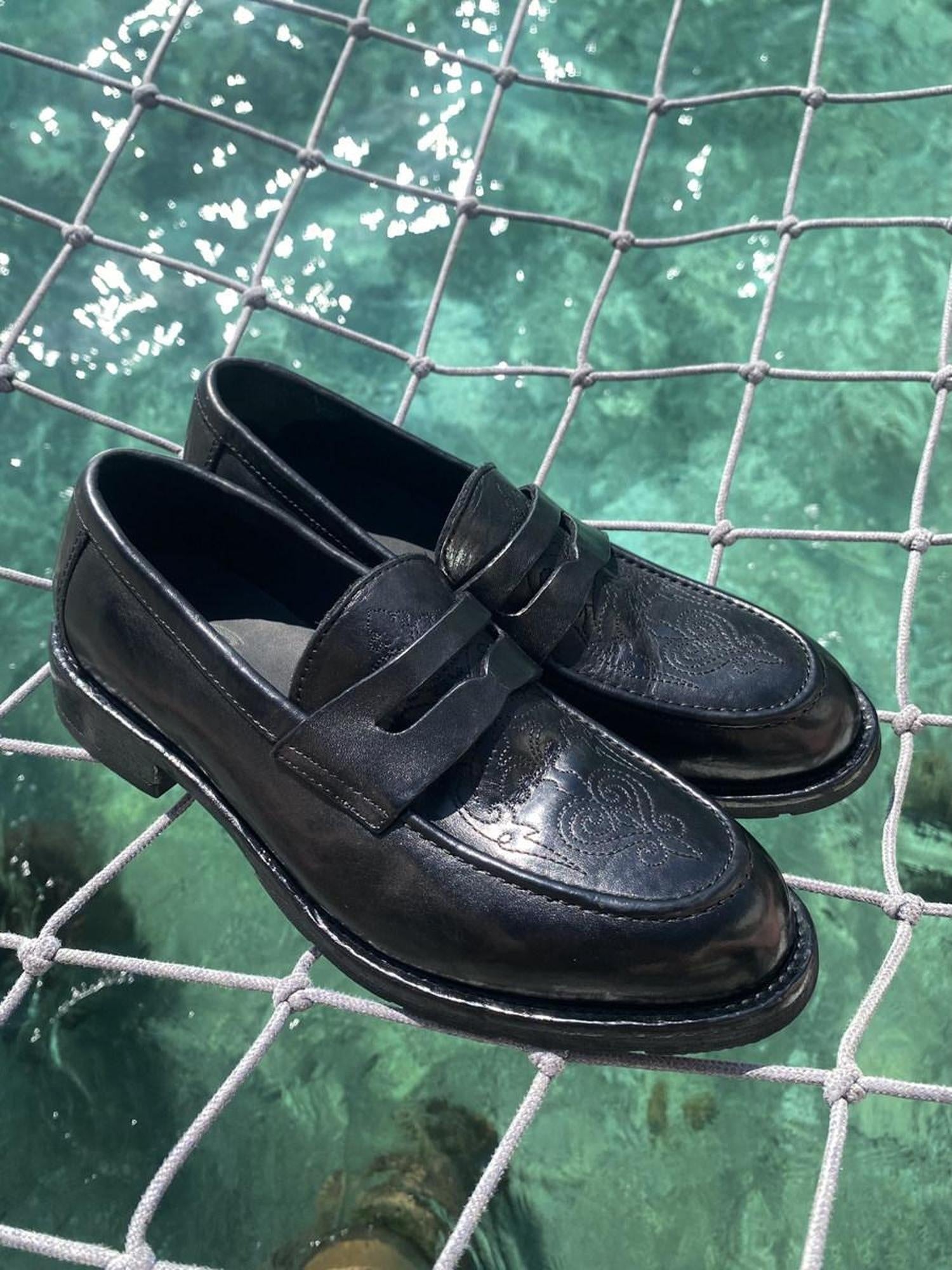 CATSSTAC Lightweight Slip On Square Toe Black Horse Leather Casual Stitched Dress Shoes