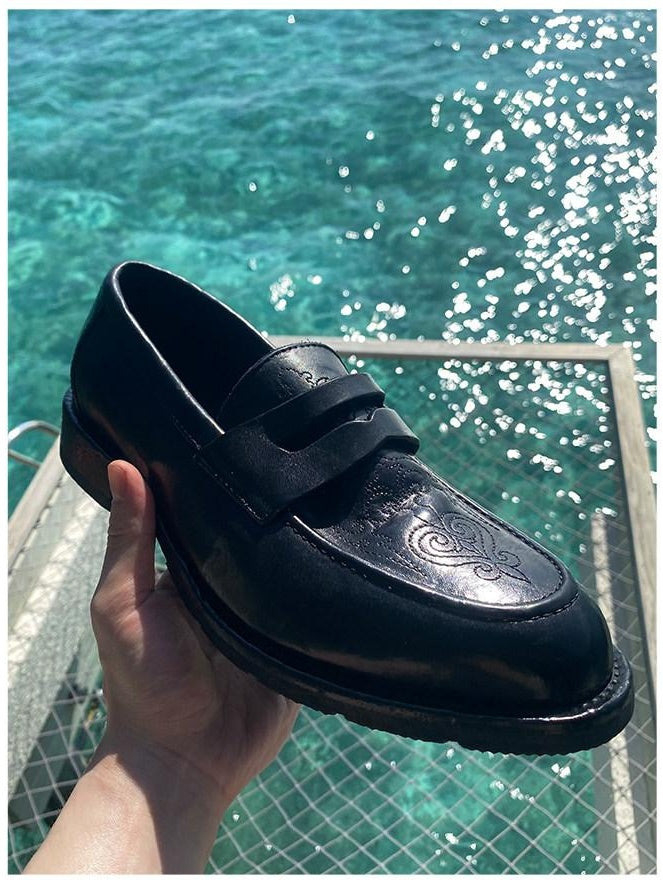 CATSSTAC Lightweight Slip On Square Toe Black Horse Leather Casual Stitched Dress Shoes