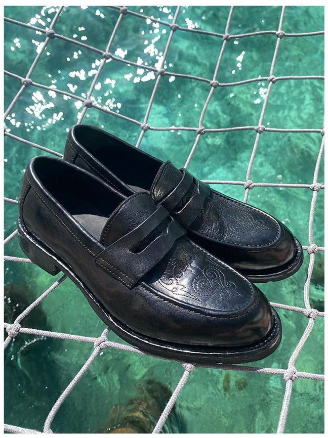 CATSSTAC Lightweight Slip On Square Toe Black Horse Leather Casual Stitched Dress Shoes