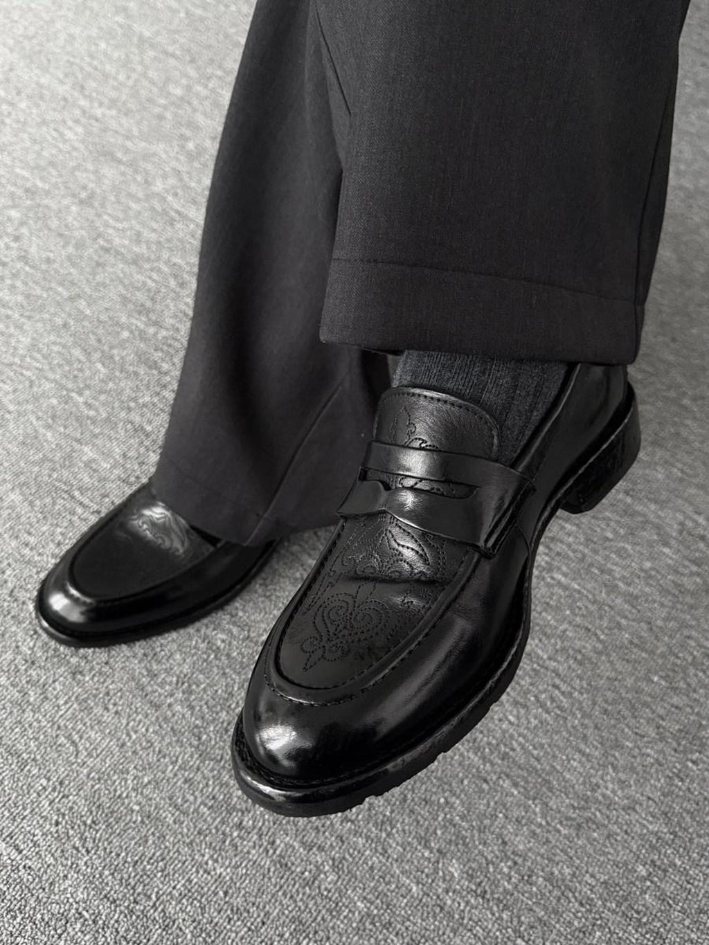 CATSSTAC Lightweight Slip On Square Toe Black Horse Leather Casual Stitched Dress Shoes
