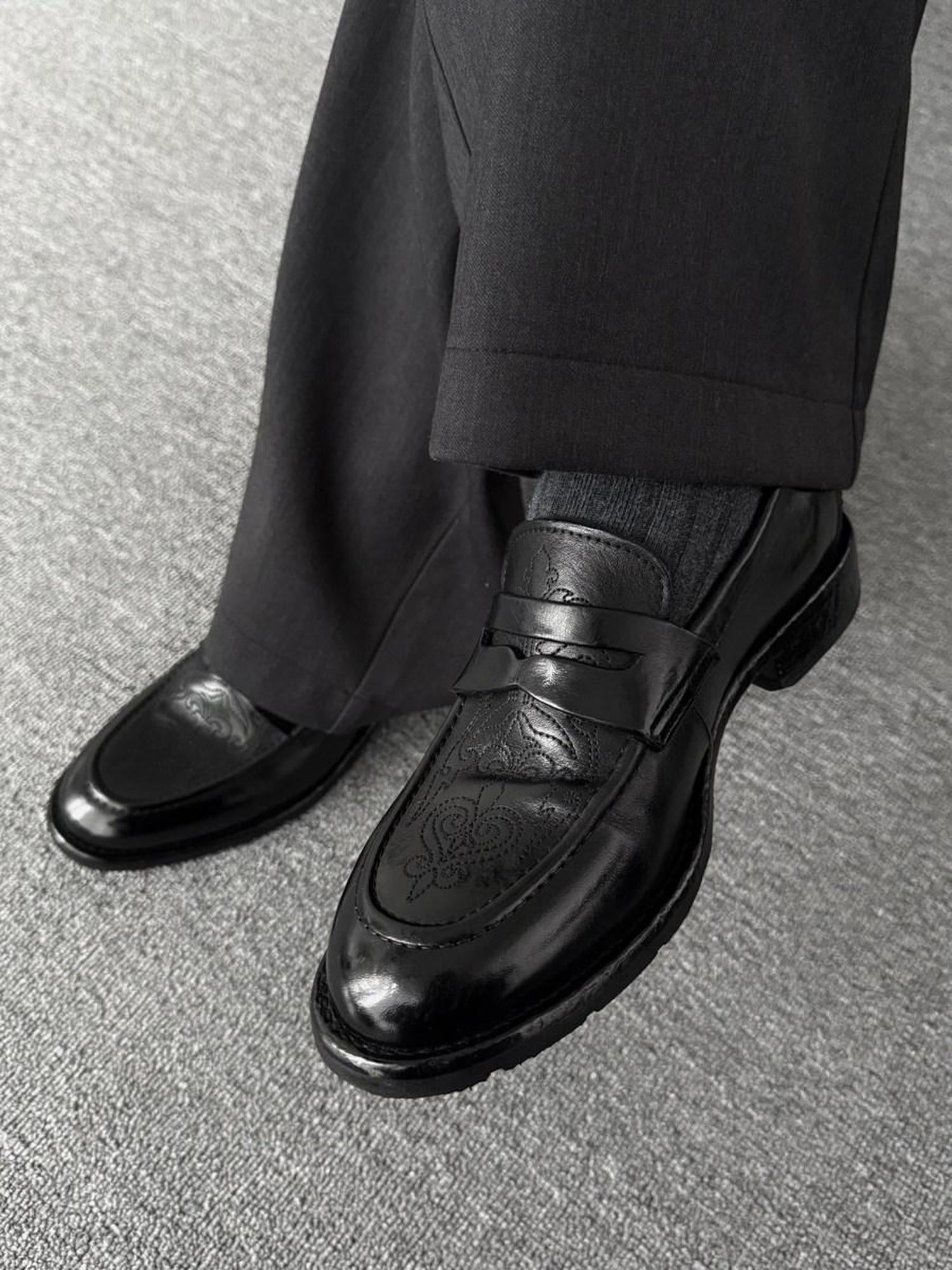 CATSSTAC Lightweight Slip On Square Toe Black Horse Leather Casual Stitched Dress Shoes