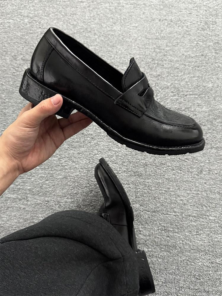 CATSSTAC Lightweight Slip On Square Toe Black Horse Leather Casual Stitched Dress Shoes
