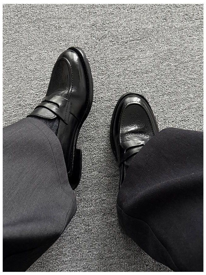 CATSSTAC Lightweight Slip On Square Toe Black Horse Leather Casual Stitched Dress Shoes
