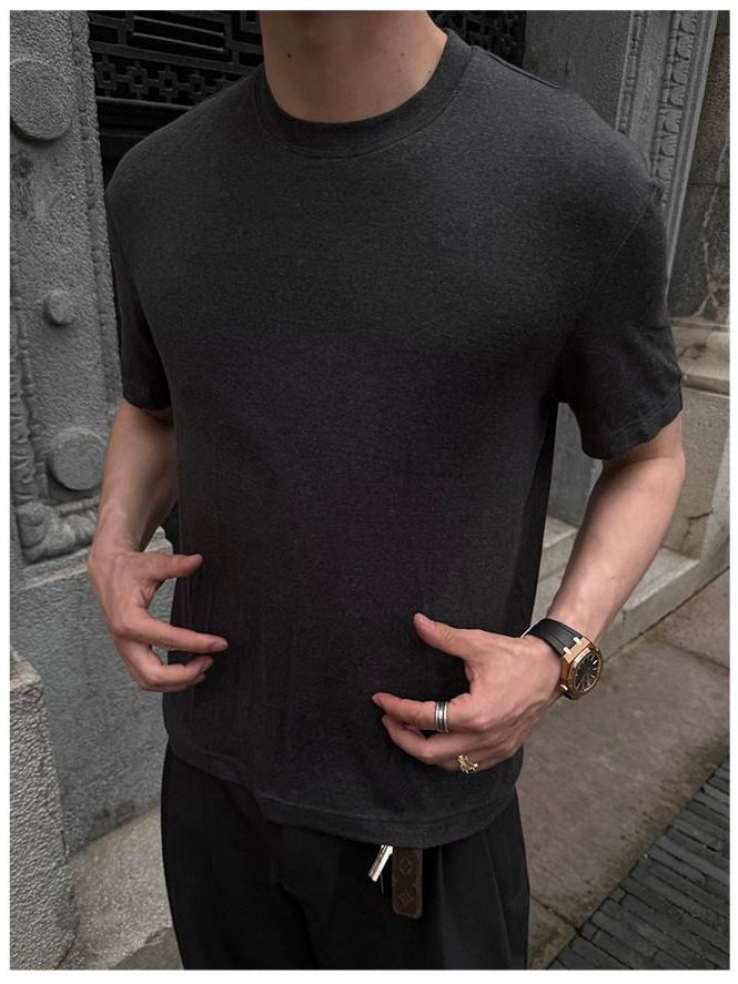 CATSSTAC Loose Casual Round Neck Unisex Plain Black Dark Heather Short Sleeve T-Shirts