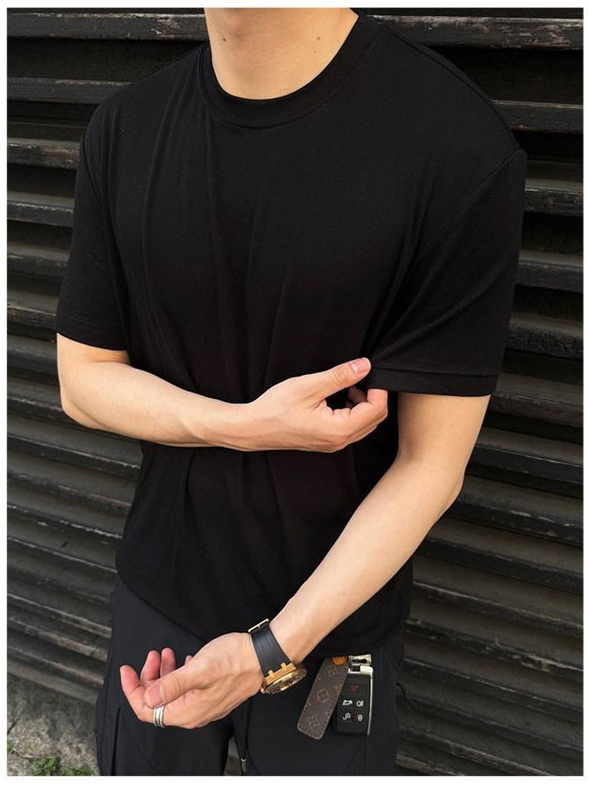 CATSSTAC Loose Casual Round Neck Unisex Plain Black Dark Heather Short Sleeve T-Shirts