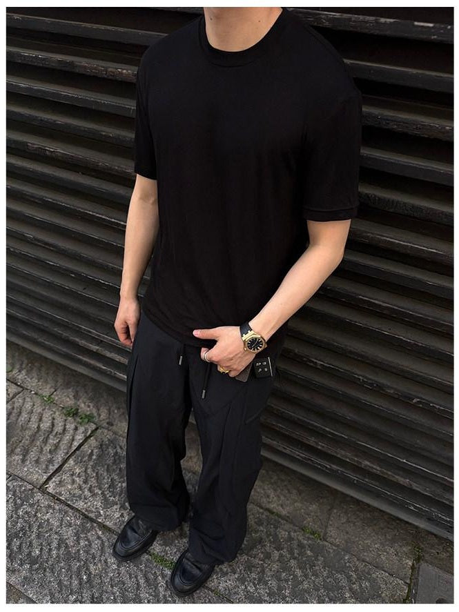 CATSSTAC Loose Casual Round Neck Unisex Plain Black Dark Heather Short Sleeve T-Shirts