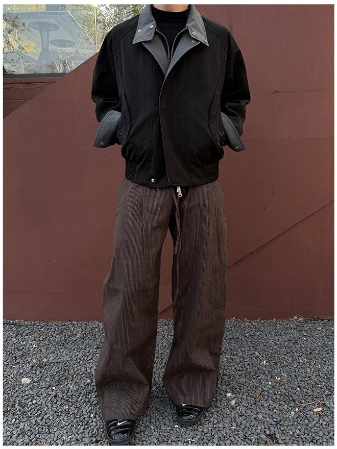 CATSSTAC Loose Fit Double Pleat Striped Casual Youth Black Brown Wide Leg Pants