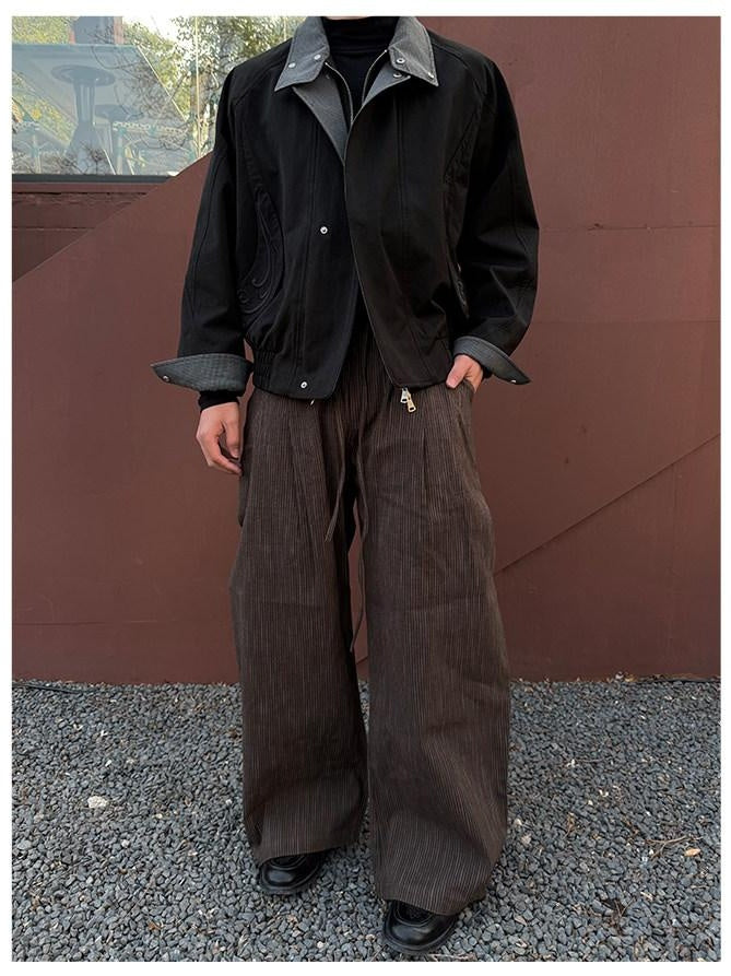 CATSSTAC Loose Fit Double Pleat Striped Casual Youth Black Brown Wide Leg Pants