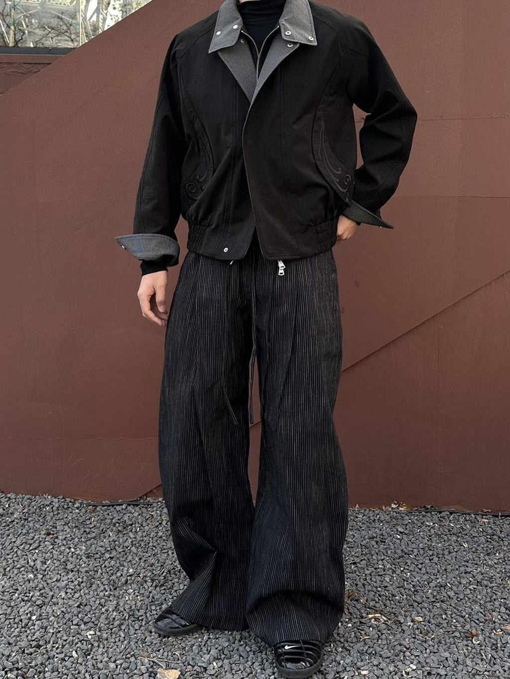 CATSSTAC Loose Fit Double Pleat Striped Casual Youth Black Brown Wide Leg Pants