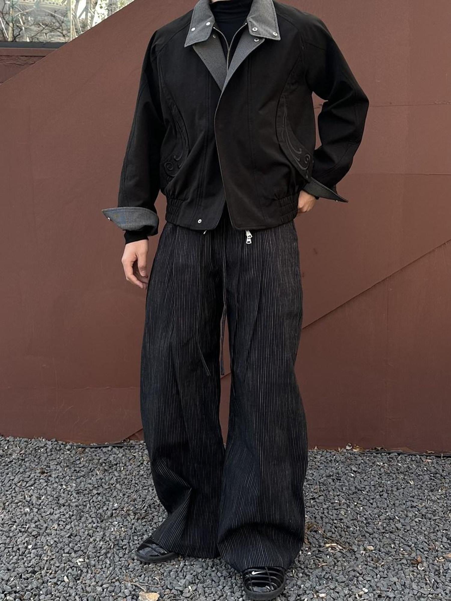 CATSSTAC Loose Fit Double Pleat Striped Casual Youth Black Brown Wide Leg Pants