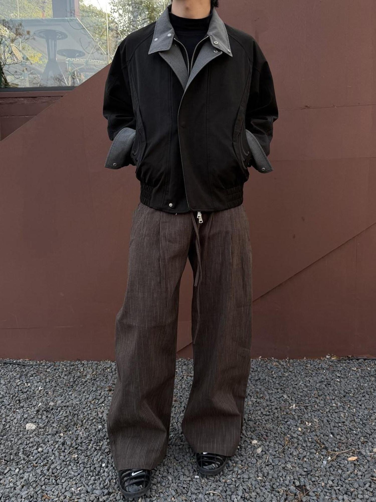 CATSSTAC Loose Fit Double Pleat Striped Casual Youth Black Brown Wide Leg Pants