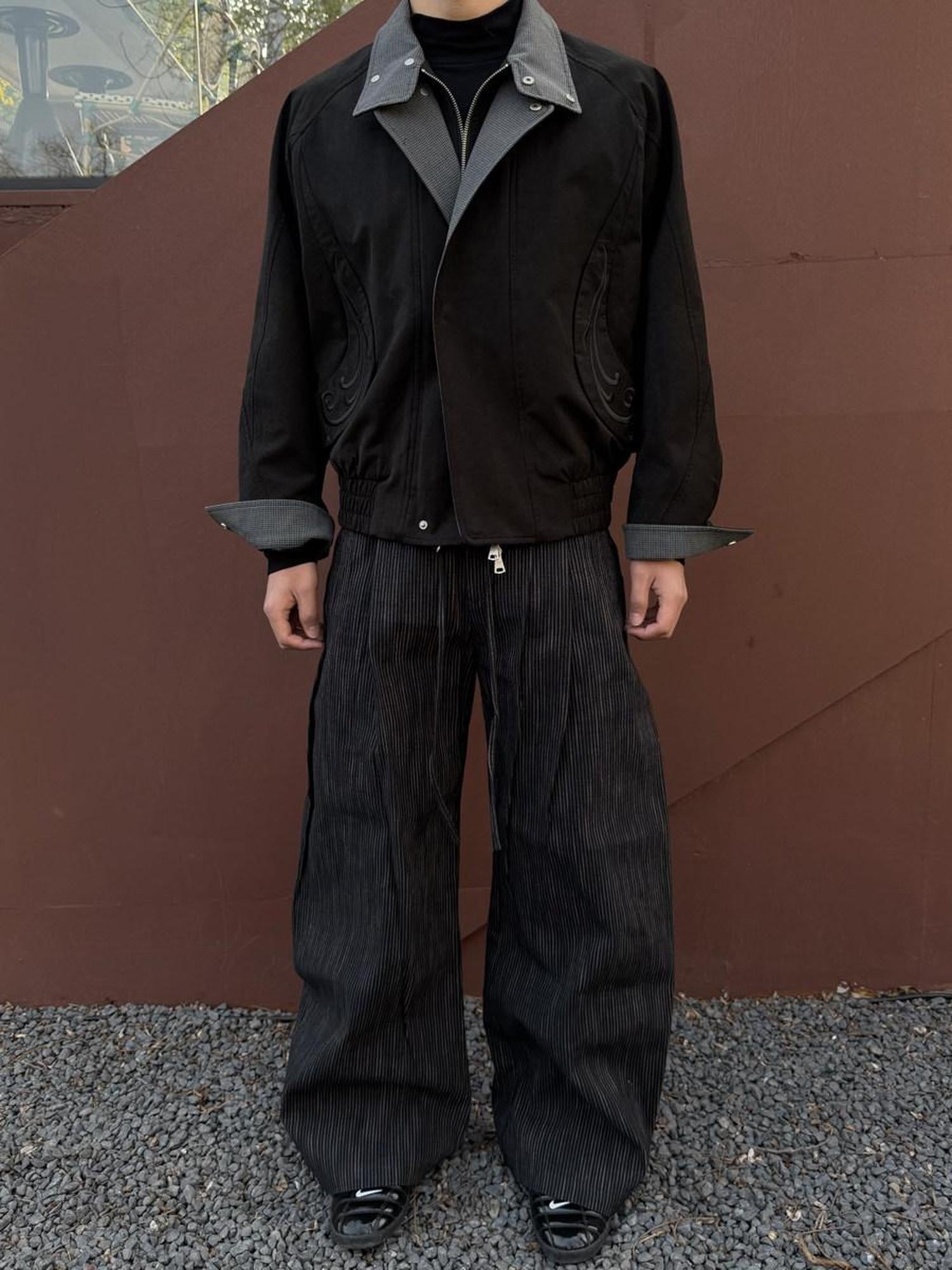 CATSSTAC Loose Fit Double Pleat Striped Casual Youth Black Brown Wide Leg Pants
