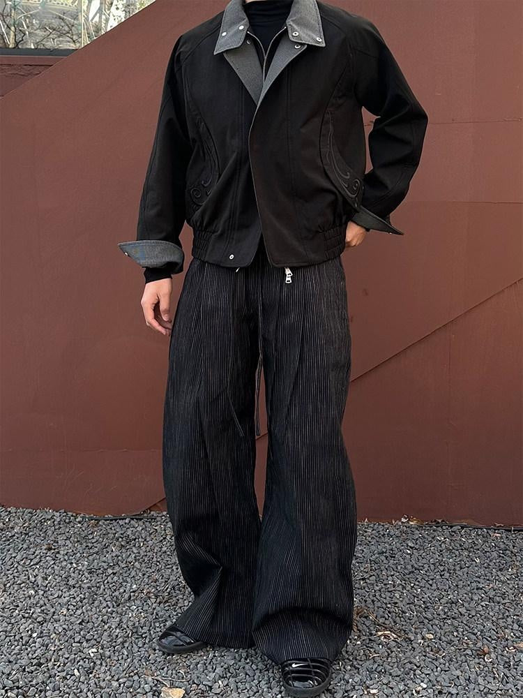 CATSSTAC Loose Fit Double Pleat Striped Casual Youth Black Brown Wide Leg Pants