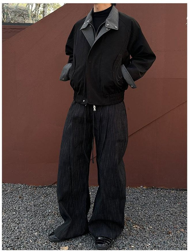 CATSSTAC Loose Fit Double Pleat Striped Casual Youth Black Brown Wide Leg Pants