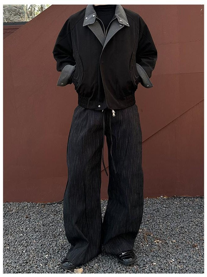 CATSSTAC Loose Fit Double Pleat Striped Casual Youth Black Brown Wide Leg Pants