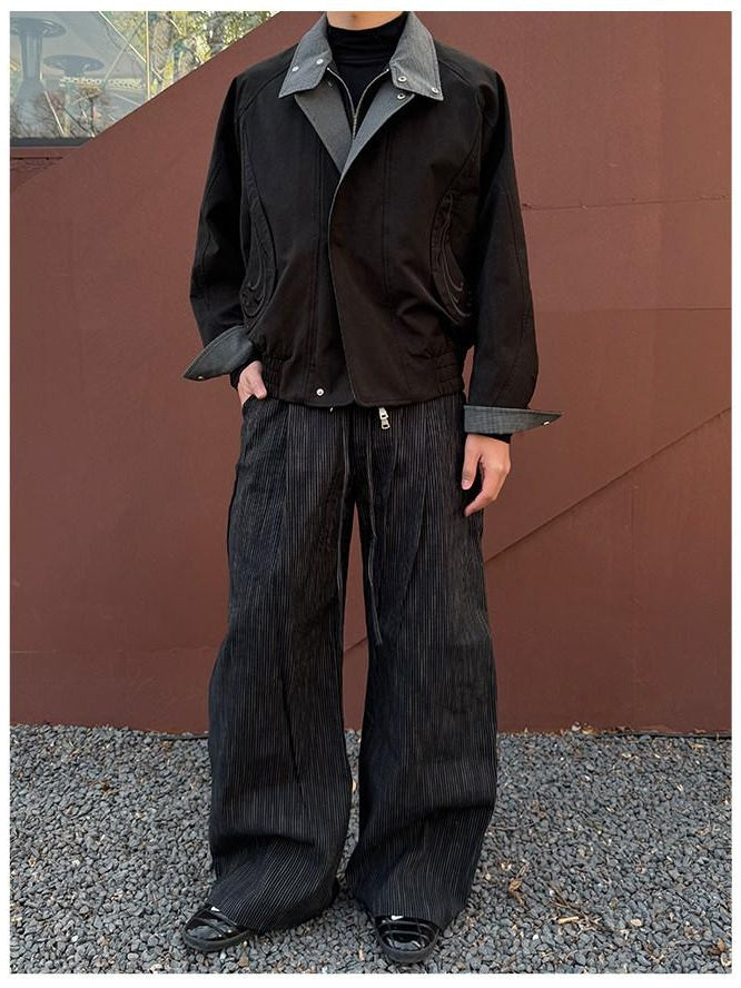 CATSSTAC Loose Fit Double Pleat Striped Casual Youth Black Brown Wide Leg Pants