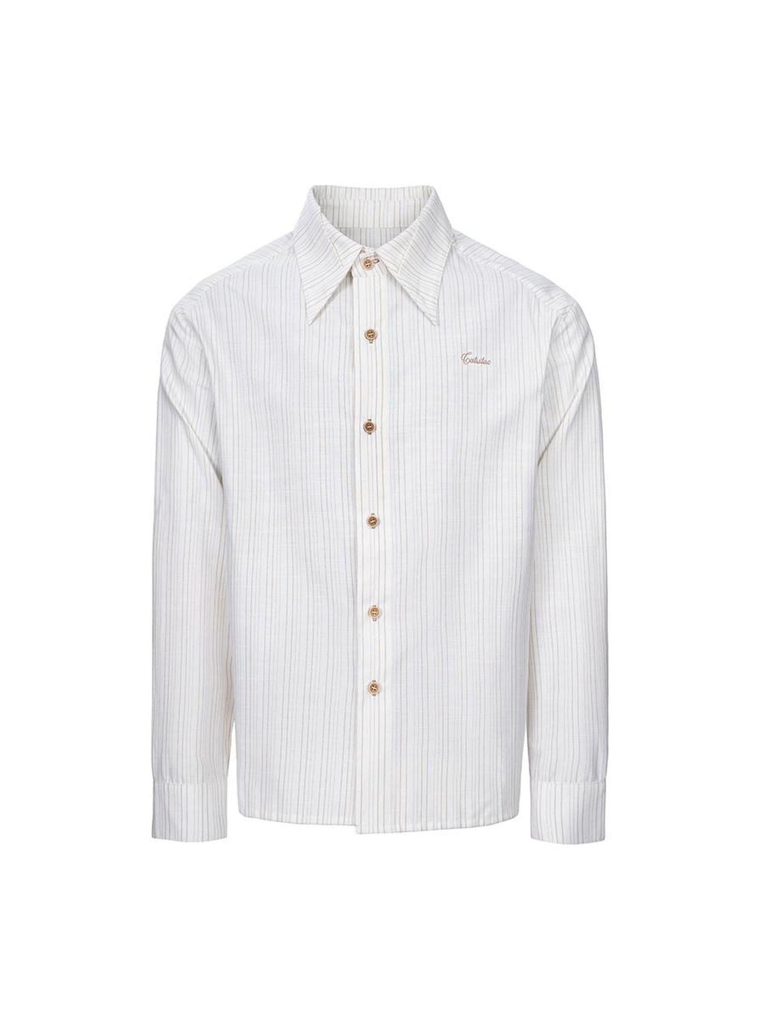 CATSSTAC Loose Fit French Collar Long Sleeve Striped Unisex Button White Shirts