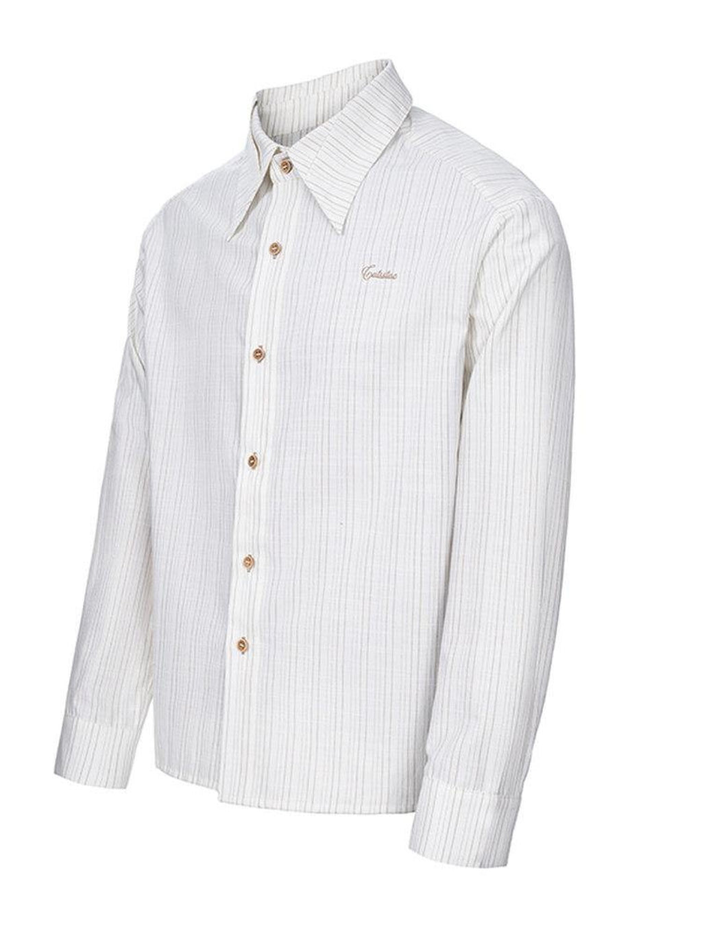 CATSSTAC Loose Fit French Collar Long Sleeve Striped Unisex Button White Shirts