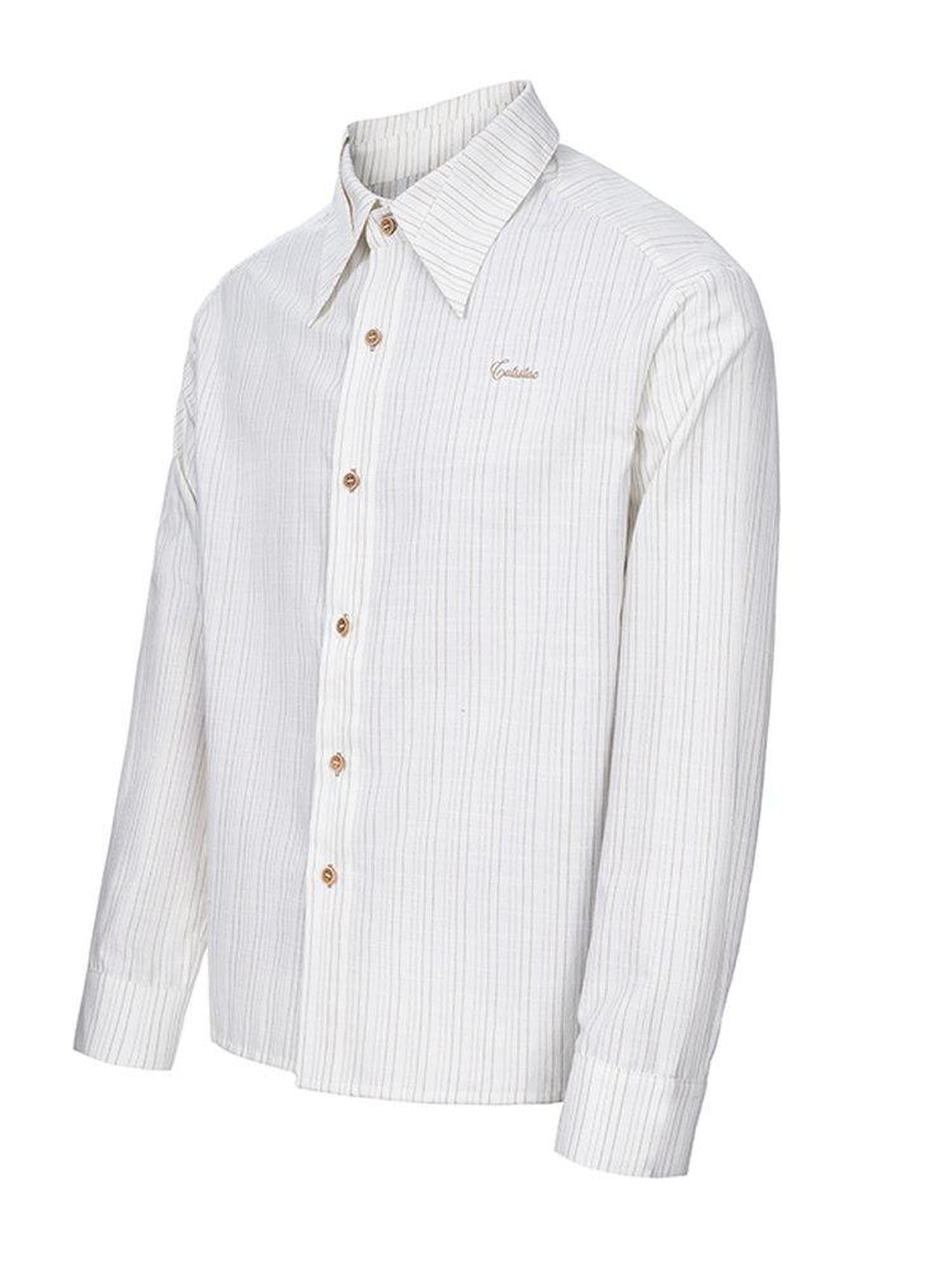 CATSSTAC Loose Fit French Collar Long Sleeve Striped Unisex Button White Shirts