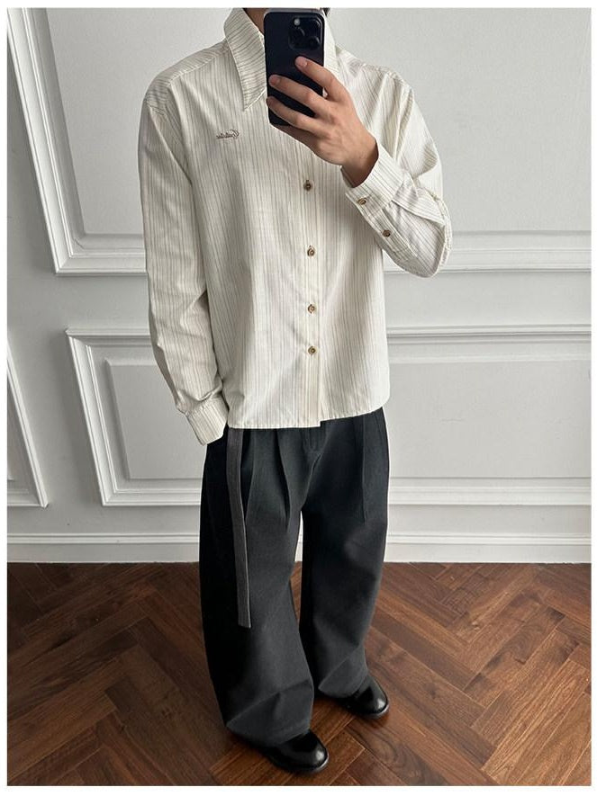 CATSSTAC Loose Fit French Collar Long Sleeve Striped Unisex Button White Shirts