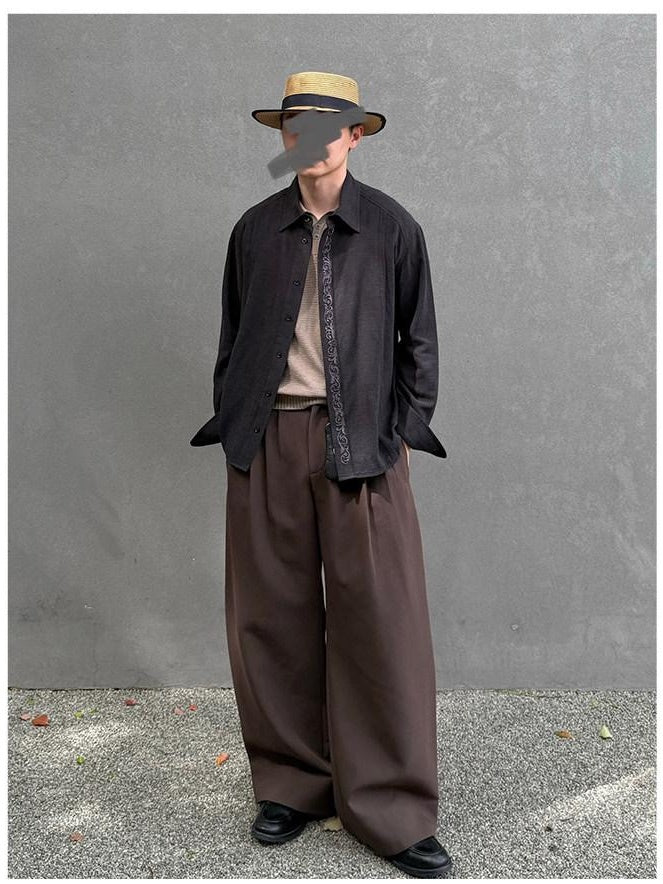 CATSSTAC Loose Fit Long Sleeve Button Front Spread Collar Casual Men Black Linen Shirts