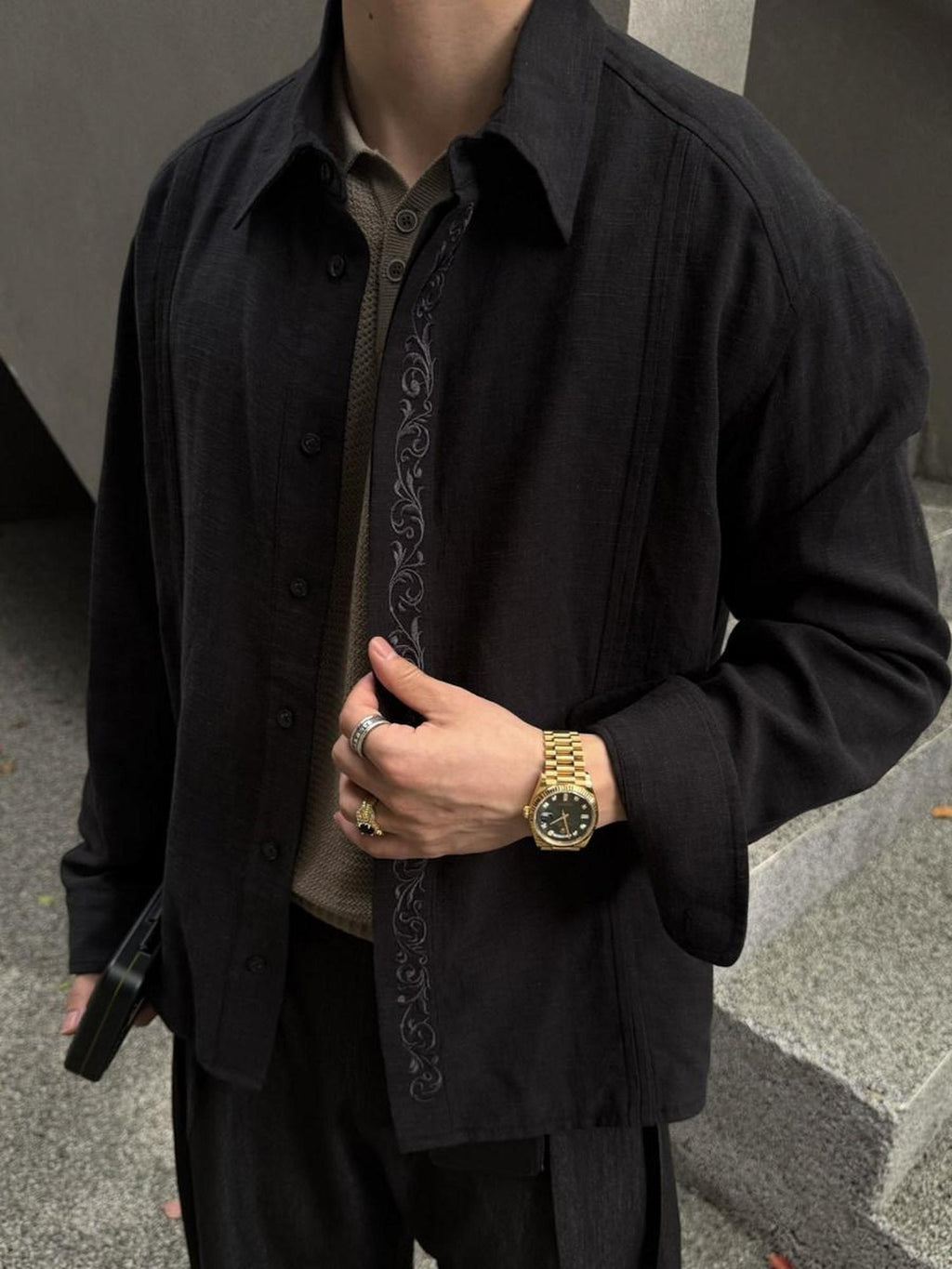 CATSSTAC Loose Fit Long Sleeve Button Front Spread Collar Casual Men Black Linen Shirts