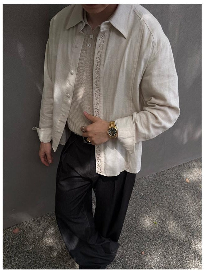 CATSSTAC Loose Fit Long Sleeve Button Front Spread Collar Casual Men Black Linen Shirts