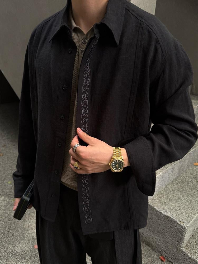 CATSSTAC Loose Fit Long Sleeve Turn Down Collar Casual Men Button Black Linen Shirts
