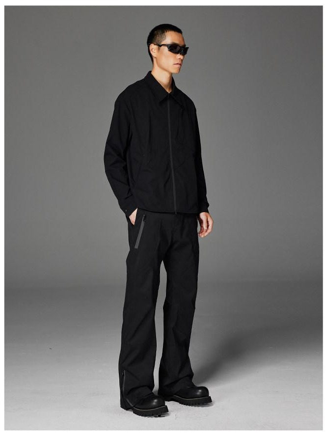 CATSSTAC Loose Fit Straight Leg Button Fly Casual Black Grey Polyester Shell Pants