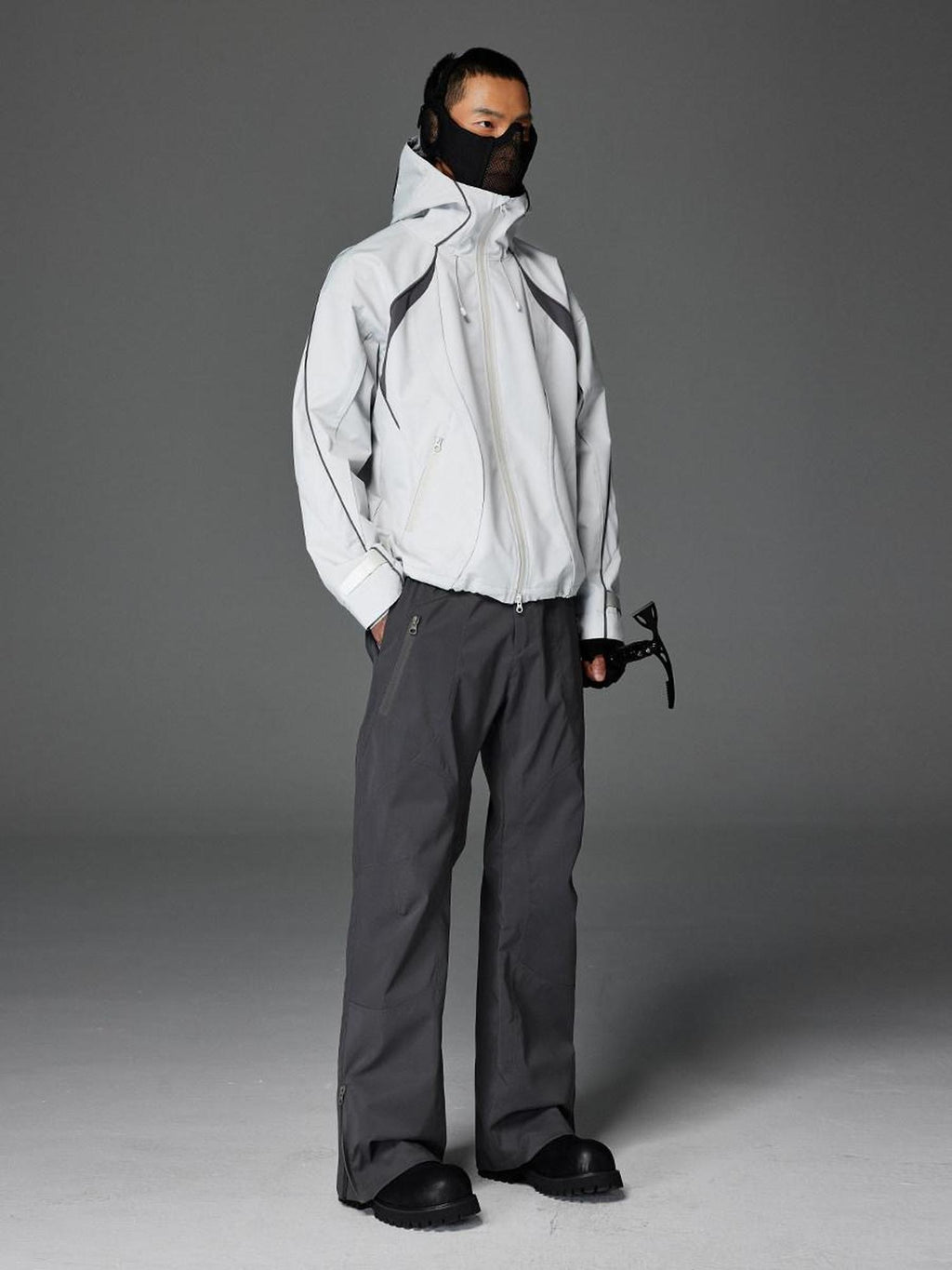 CATSSTAC Loose Fit Straight Leg Button Fly Casual Black Grey Polyester Shell Pants