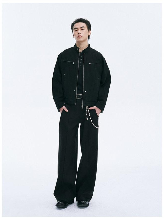 CATSSTAC Loose Fit Zip Front Stand Collar Unisex Casual Solid Cropped Jackets