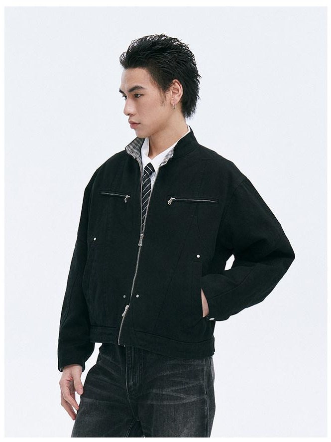 CATSSTAC Loose Fit Zip Front Stand Collar Unisex Casual Solid Cropped Jackets