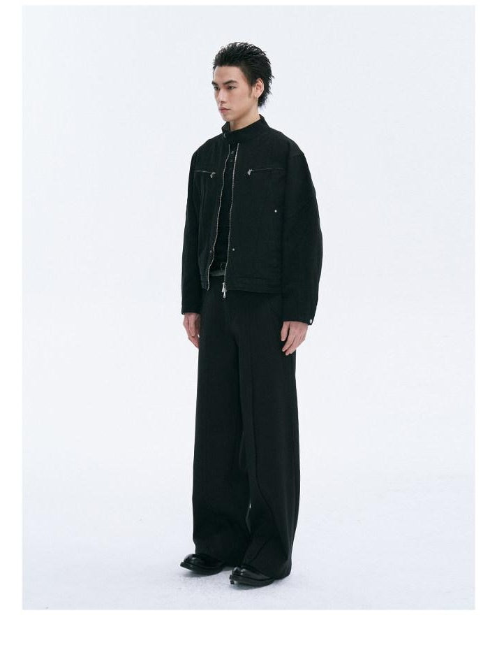 CATSSTAC Loose Fit Zip Front Stand Collar Unisex Casual Solid Cropped Jackets